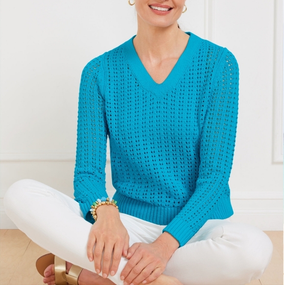 Talbots Sweaters - Talbots Open Stitch V-Neck Pullover 100% cotton deep sea blue coastal Mermaid